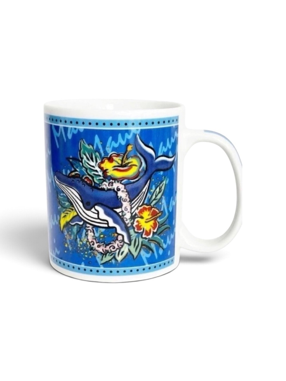 Hilo Hattie Maui humpback whale lei hibiscus  flowers coffee mug 10 oz 2002